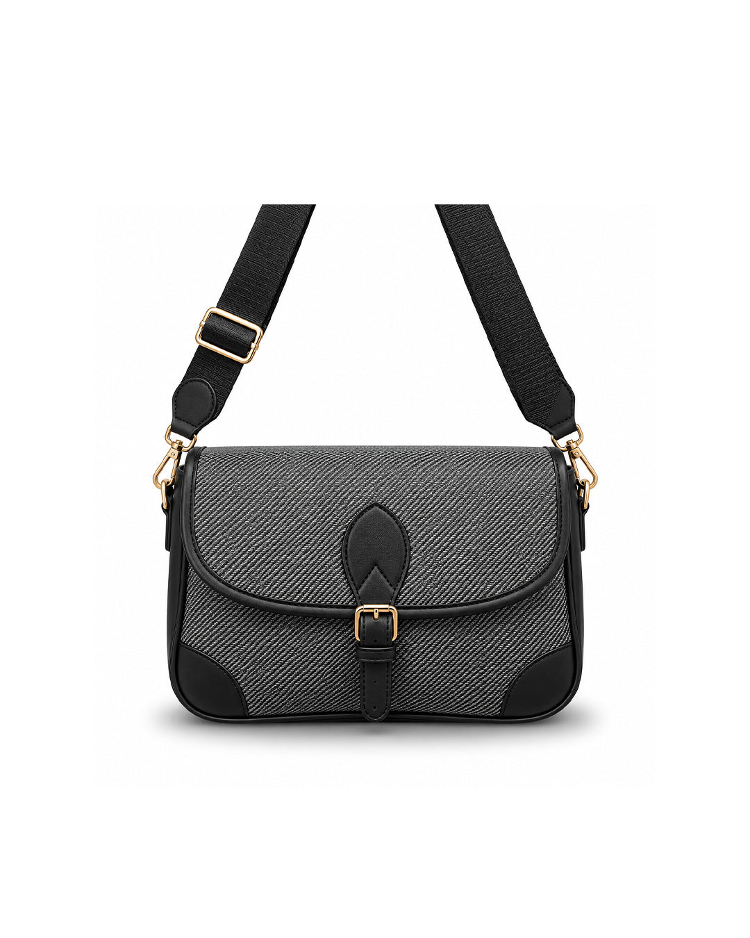 Black and Grey Tweed Flap Crossbody Bag